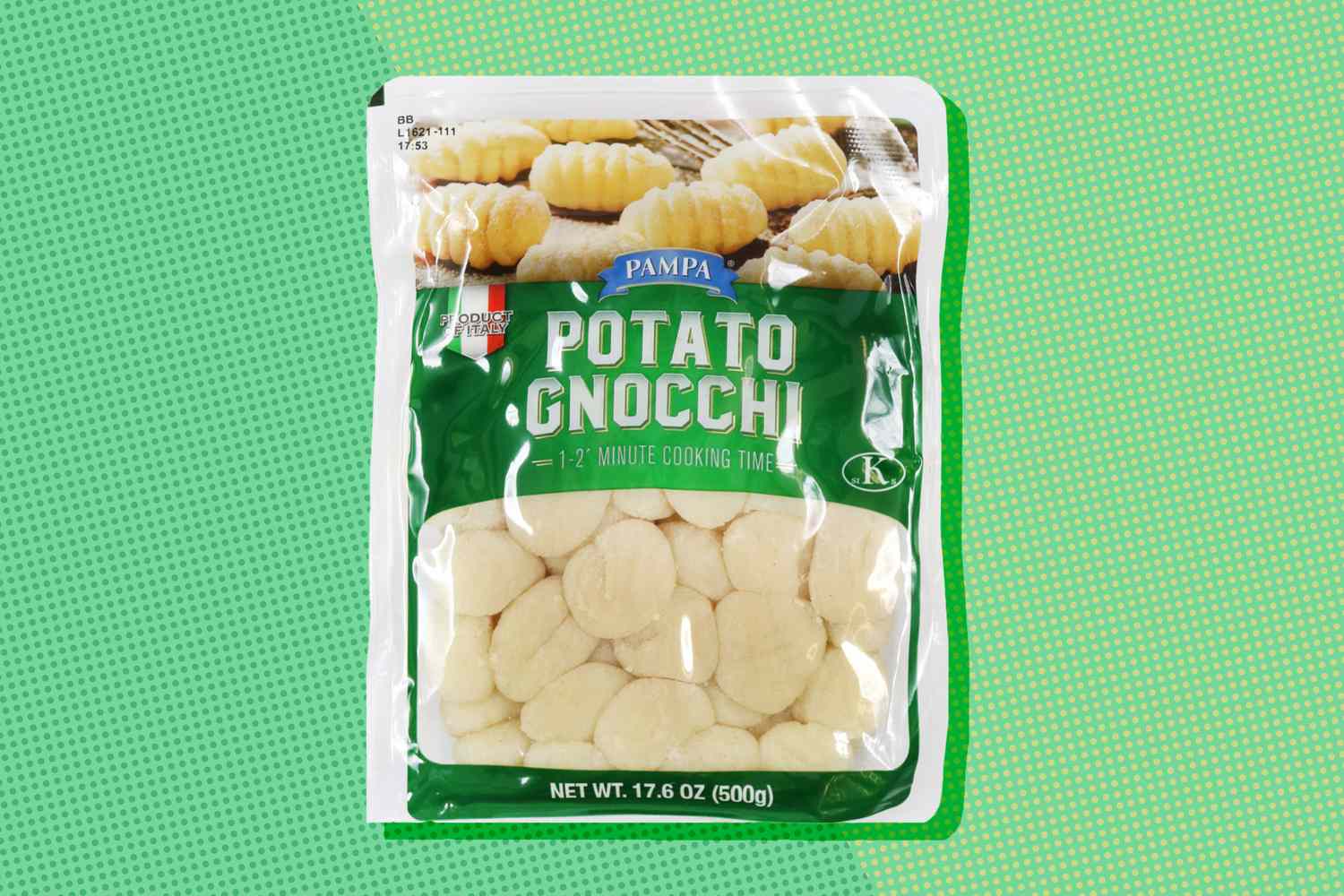 Packaged potato gnocchi on a green background