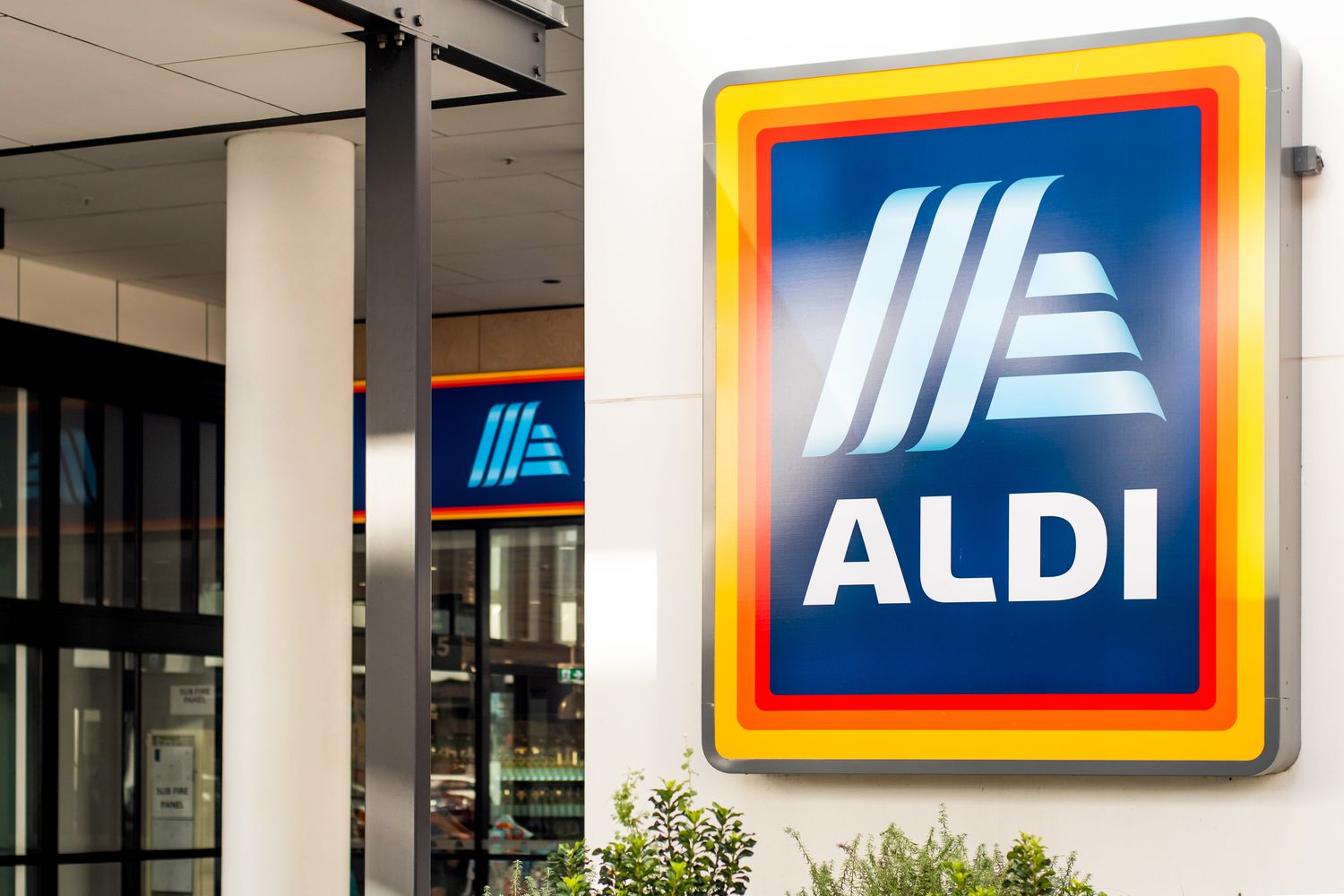 Outside view of ALDI supermarket with logo