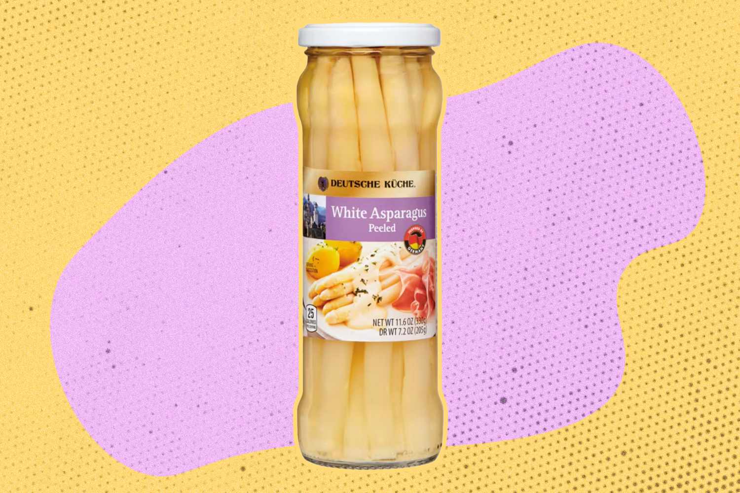 Jar of white asparagus on a patterned background