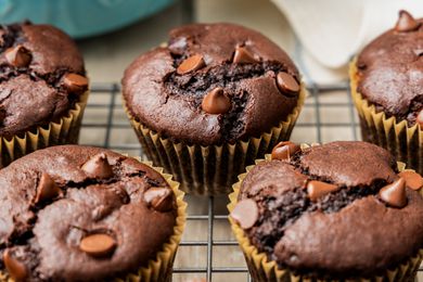 Double chocolate muffins on a cooling rack