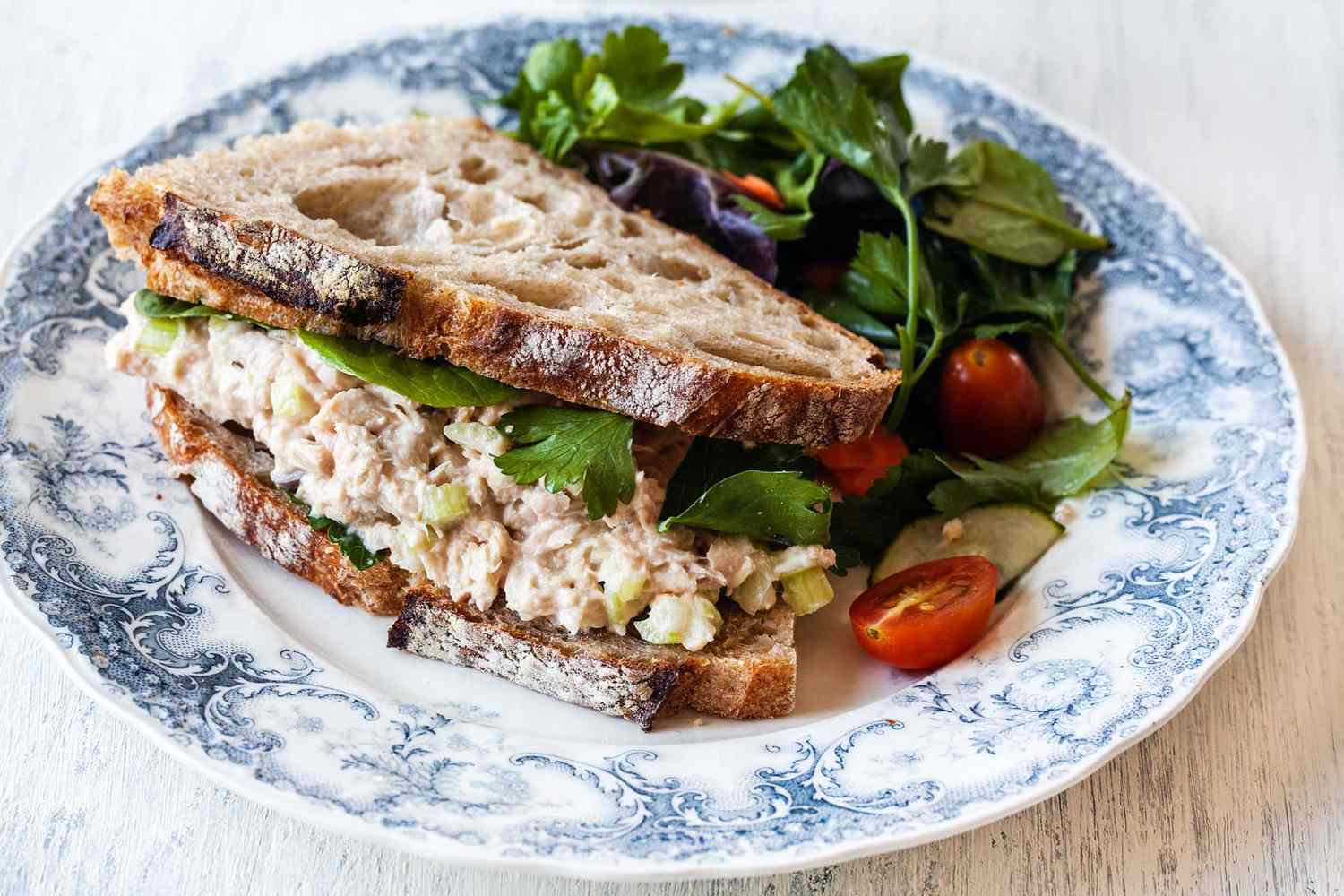 Classic Tuna Salad Sandwich on a Plate with a Side Salad 