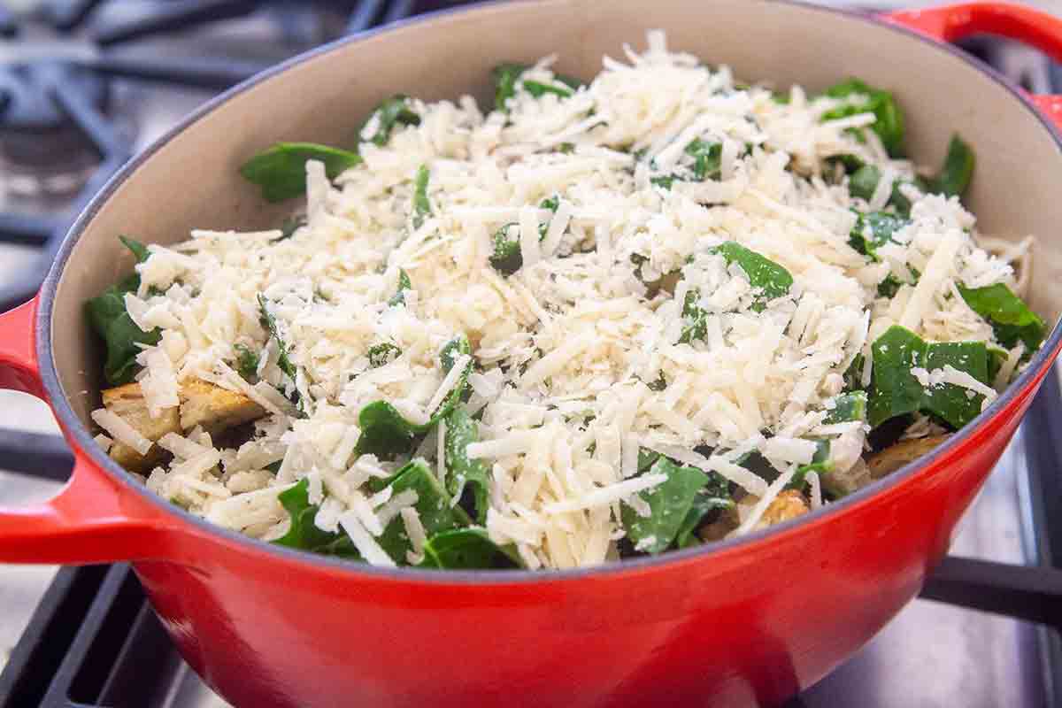sprinkle parmesan cheese over top layer of panade in dutch oven