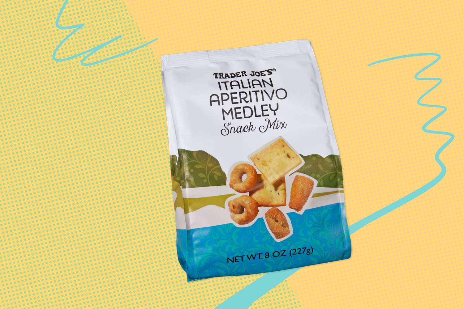 A package of Trader Joes Italian Aperitivo Medley Snack Mix on a colored background