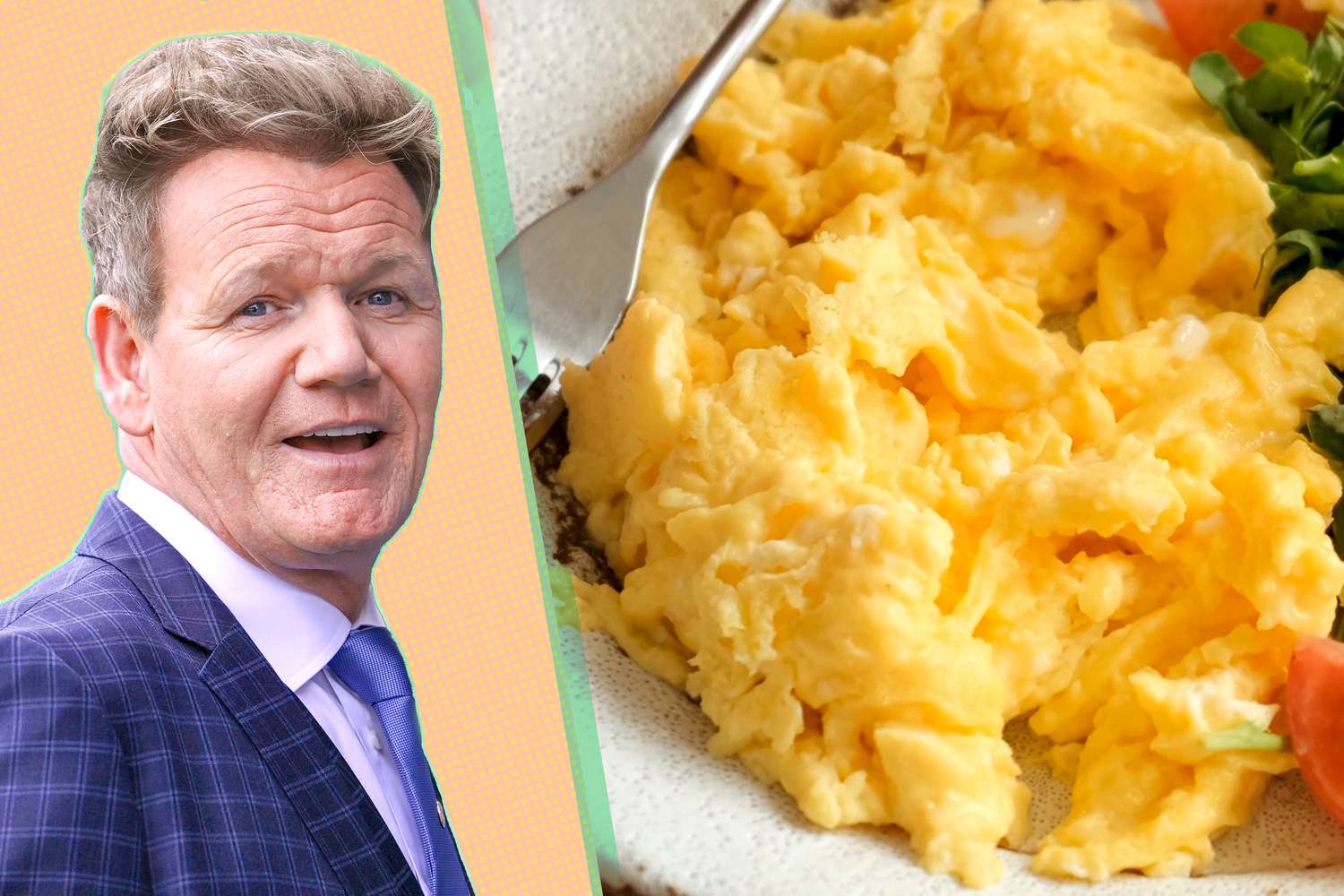 Gordon Ramsey and a photo of scrambled eggs close up