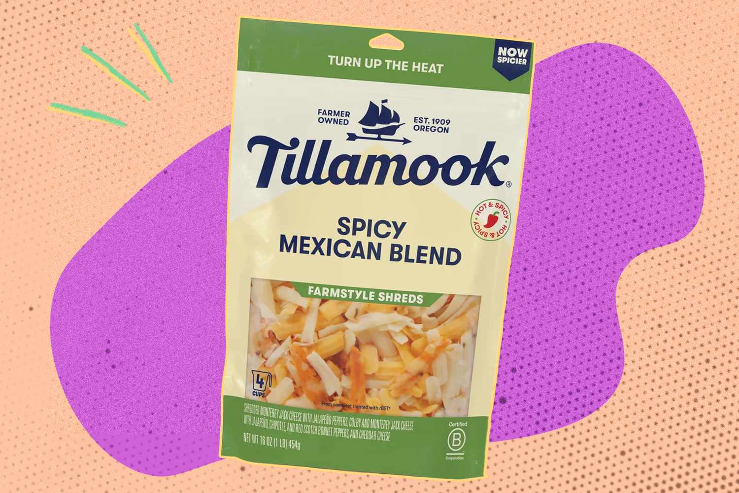 A package of Tillamook Spicy Mexican Blend farmstyle cheese shreds on a colorful abstract background