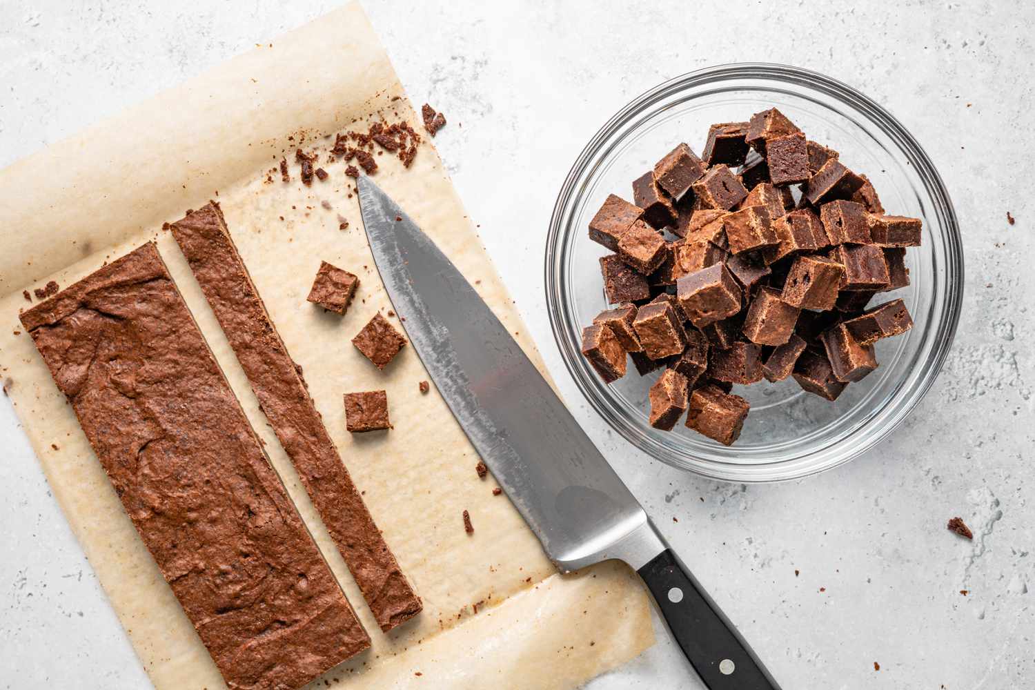 Brownie Layer Cut into Bite Size Pieces and Placed in a Bowl