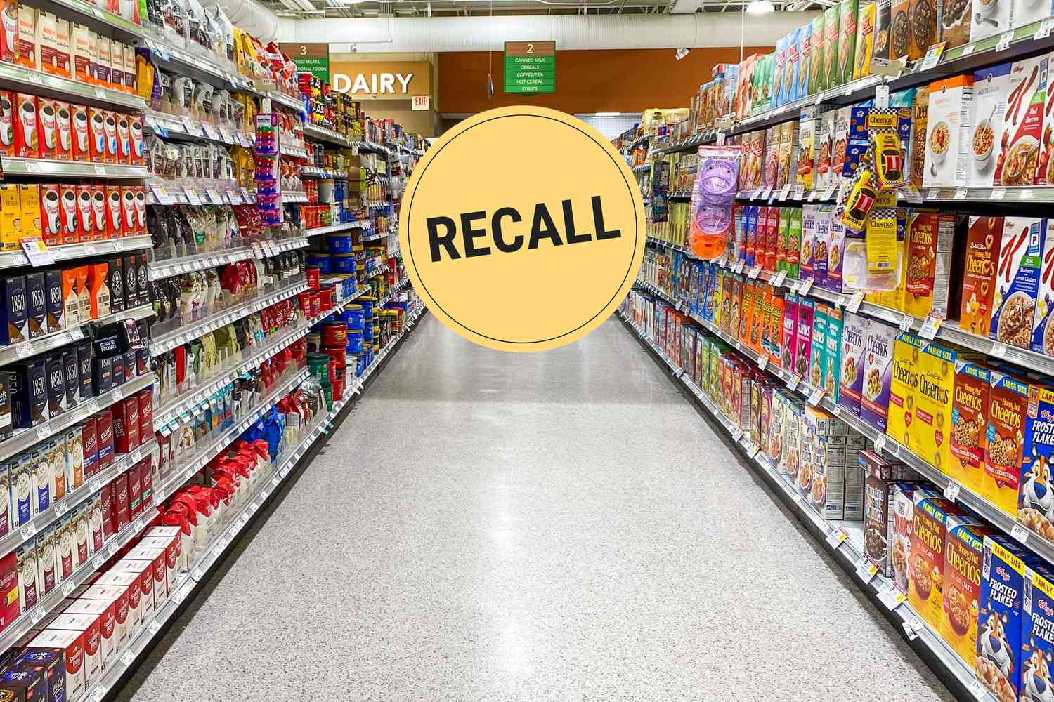 A grocery store aisle with a "Recall" badge superimposed over it