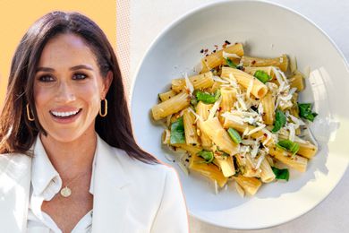 A split image of Meghan Markle and a bowl of pasta