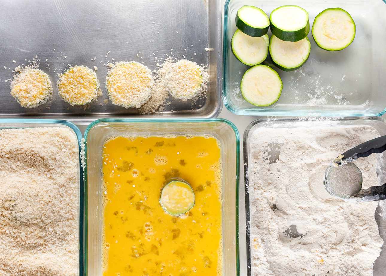 Zucchini Pieces Breaded in Flour, Egg, and Breadcrumbs