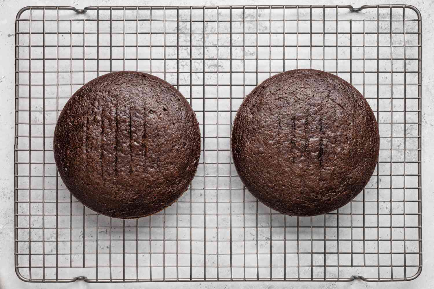 Chocolate Cake Layers Resting on Cooling Rack (Without the Baking Pans) for One Bowl Double-Layer Chocolate Cake Recipe