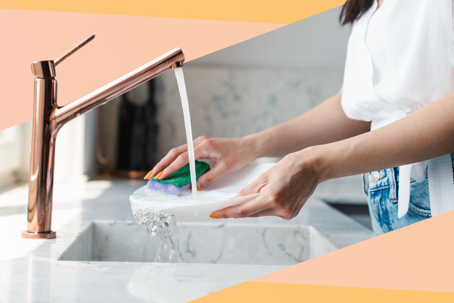 A woman washing a plate in the kitchen sink