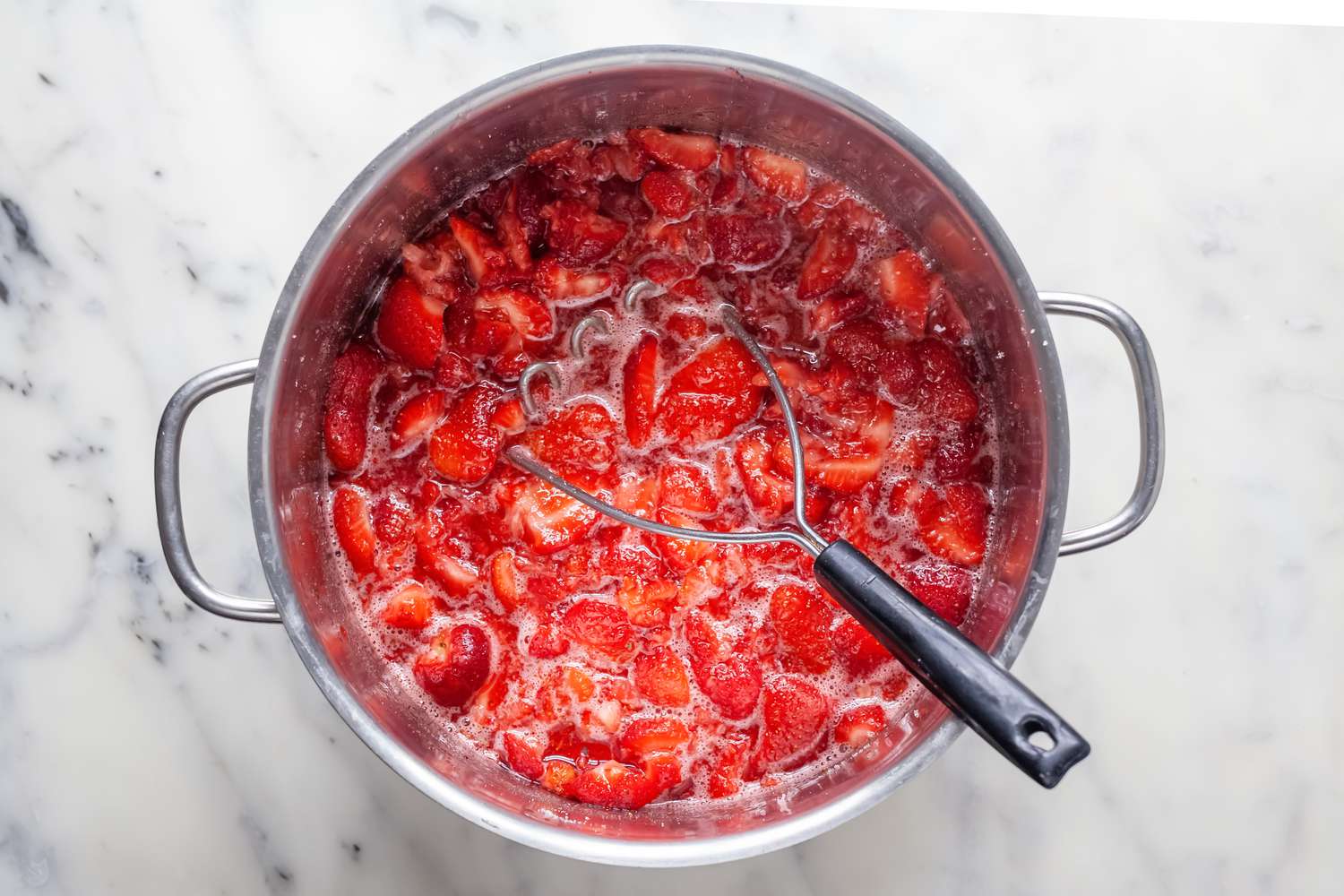Mash Strawberries in Pot for Strawberry Jam Canning
