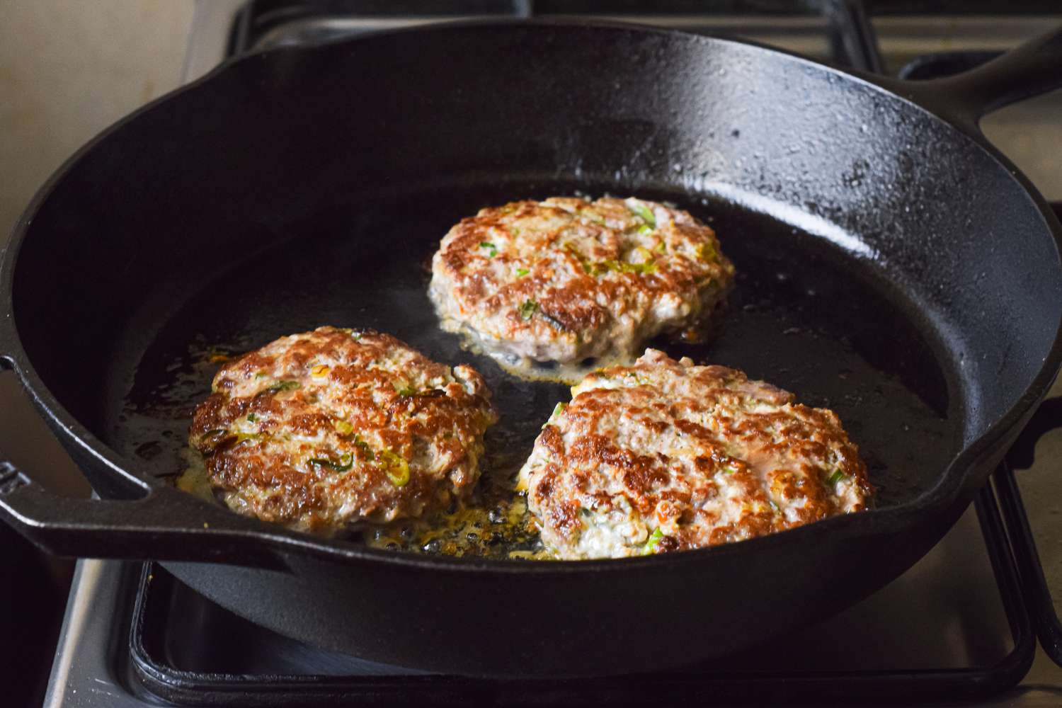 Patties Cooked on a Cast Iron Skillet for Blue Cheese Burgers Recipe 