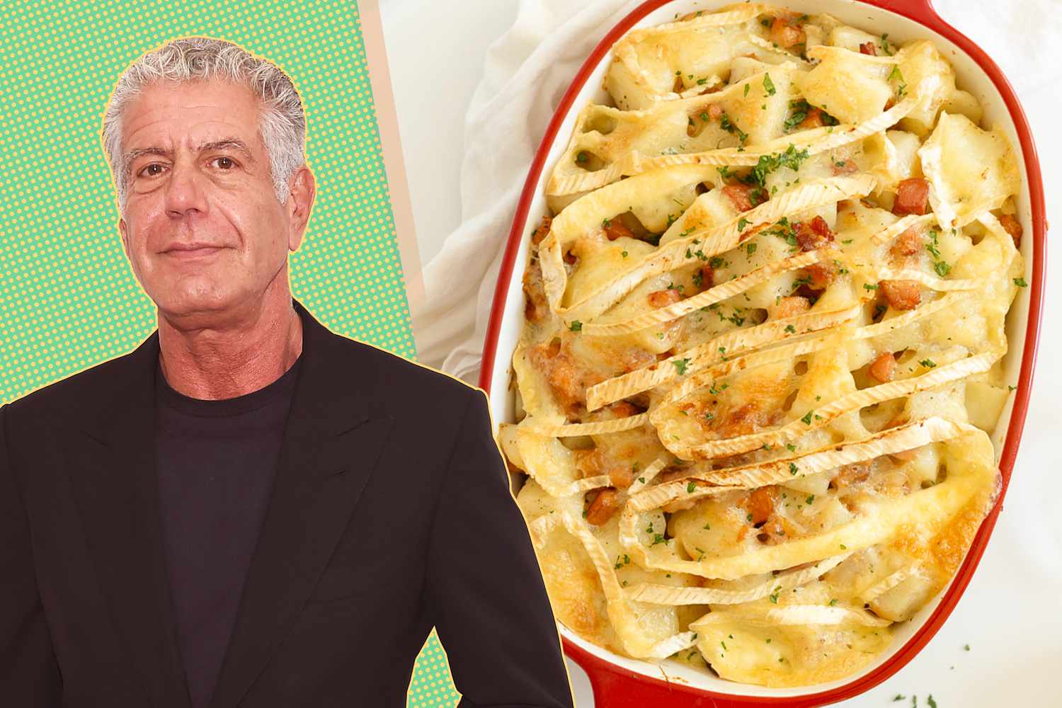 A split image of Anthony Bourdain and a baking dish with his potato recipe