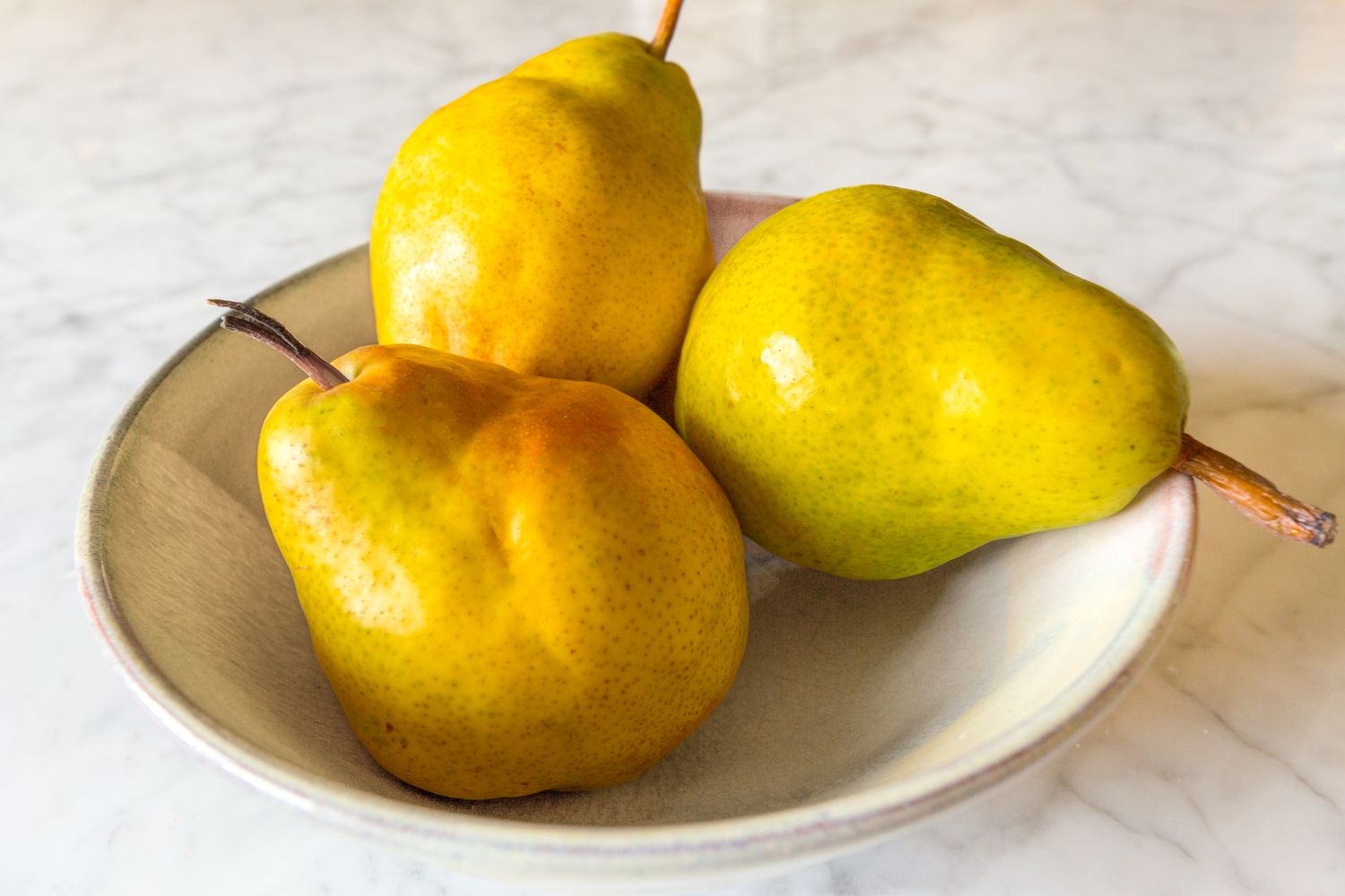 Three delicious Bartlett pears in a bowl on a marble countertop