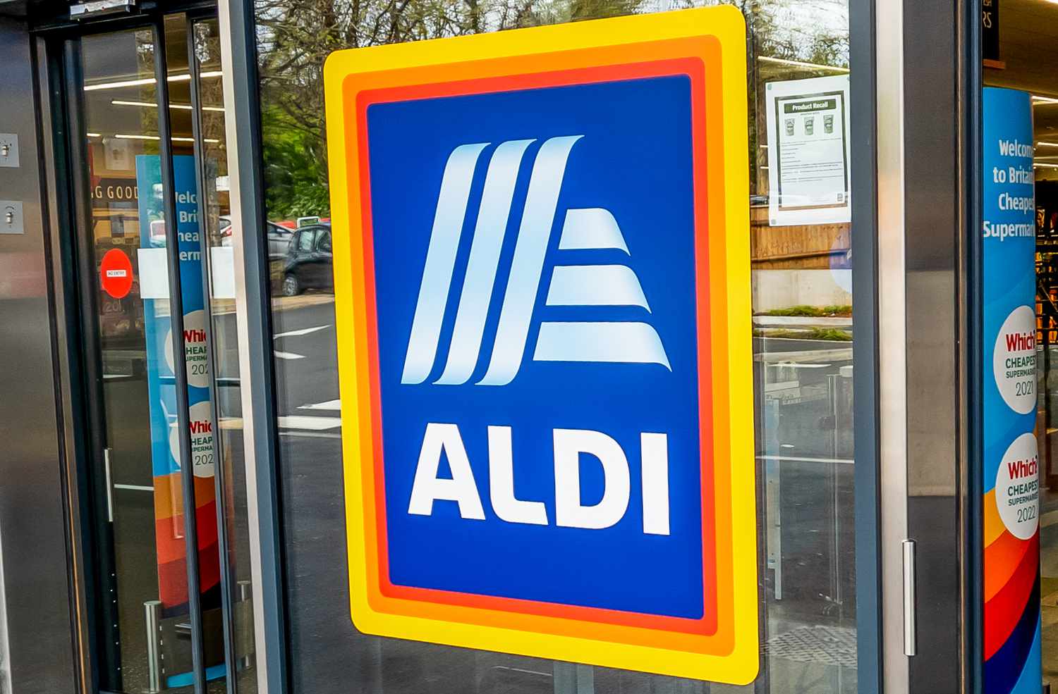 Aldi sign on the front door of the store