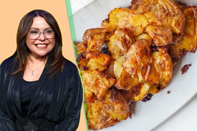 A split image of Rachel Ray and crispy potatoes on a white plate