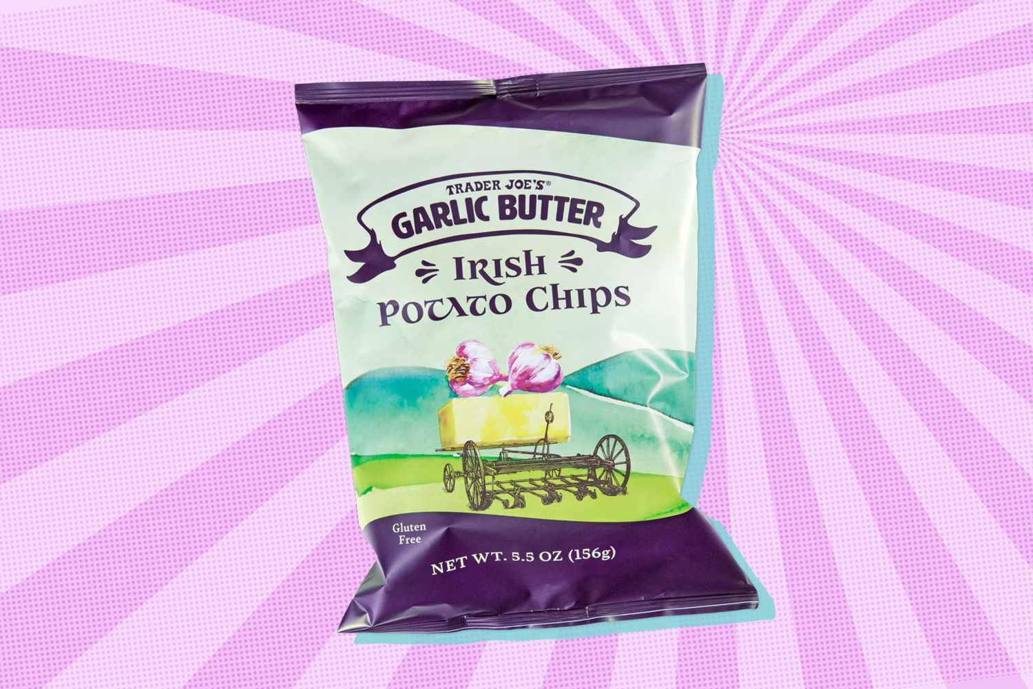 Bag of Trader Joe's garlic butter Irish potato chips with a distinctive packaging design