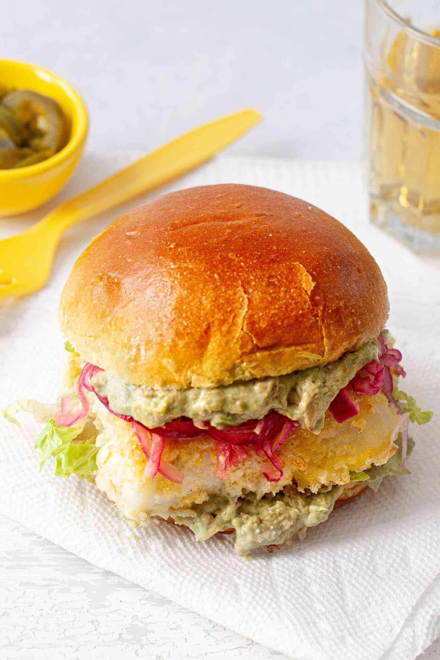 Crispy Oven Baked Fish Sandwiches with Mayo and Tangy Pickled Onions