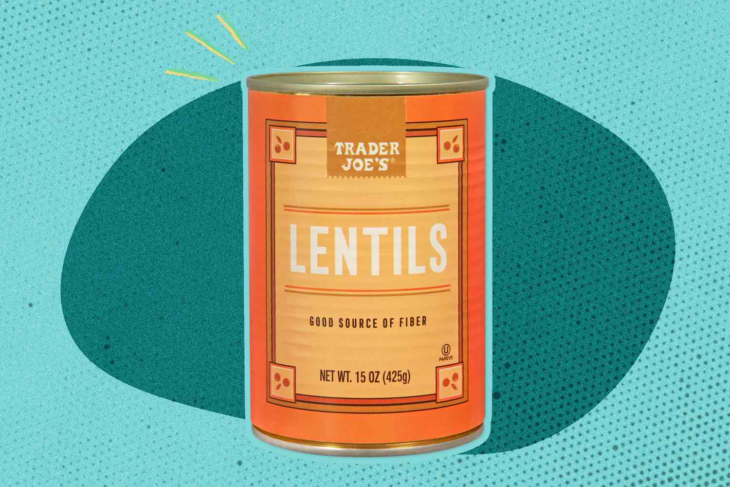 Trader Joe's can of lentils on an illustrated background