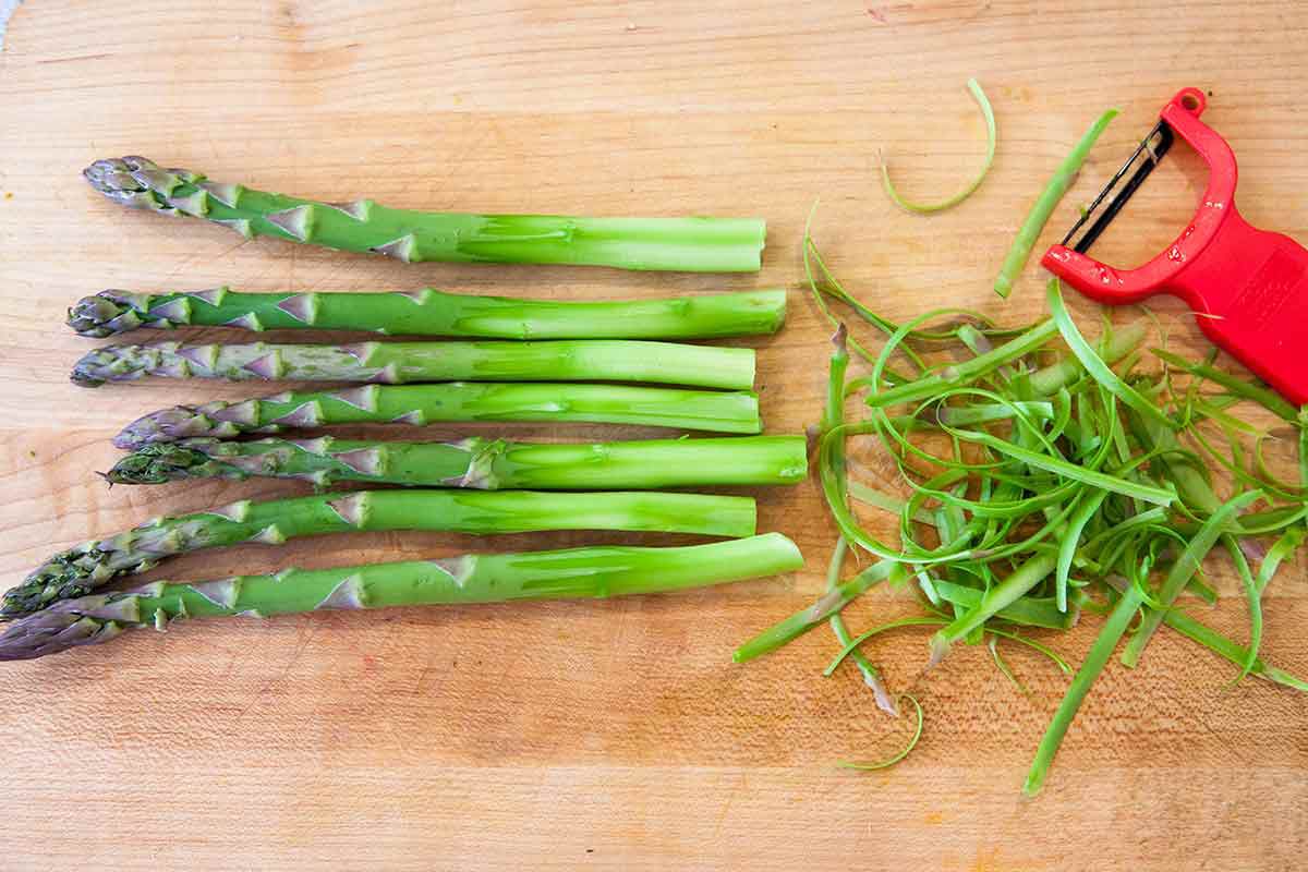 Slightly peeled Asparagus spears for Steamed Asparagus and Hollandaise Sauce