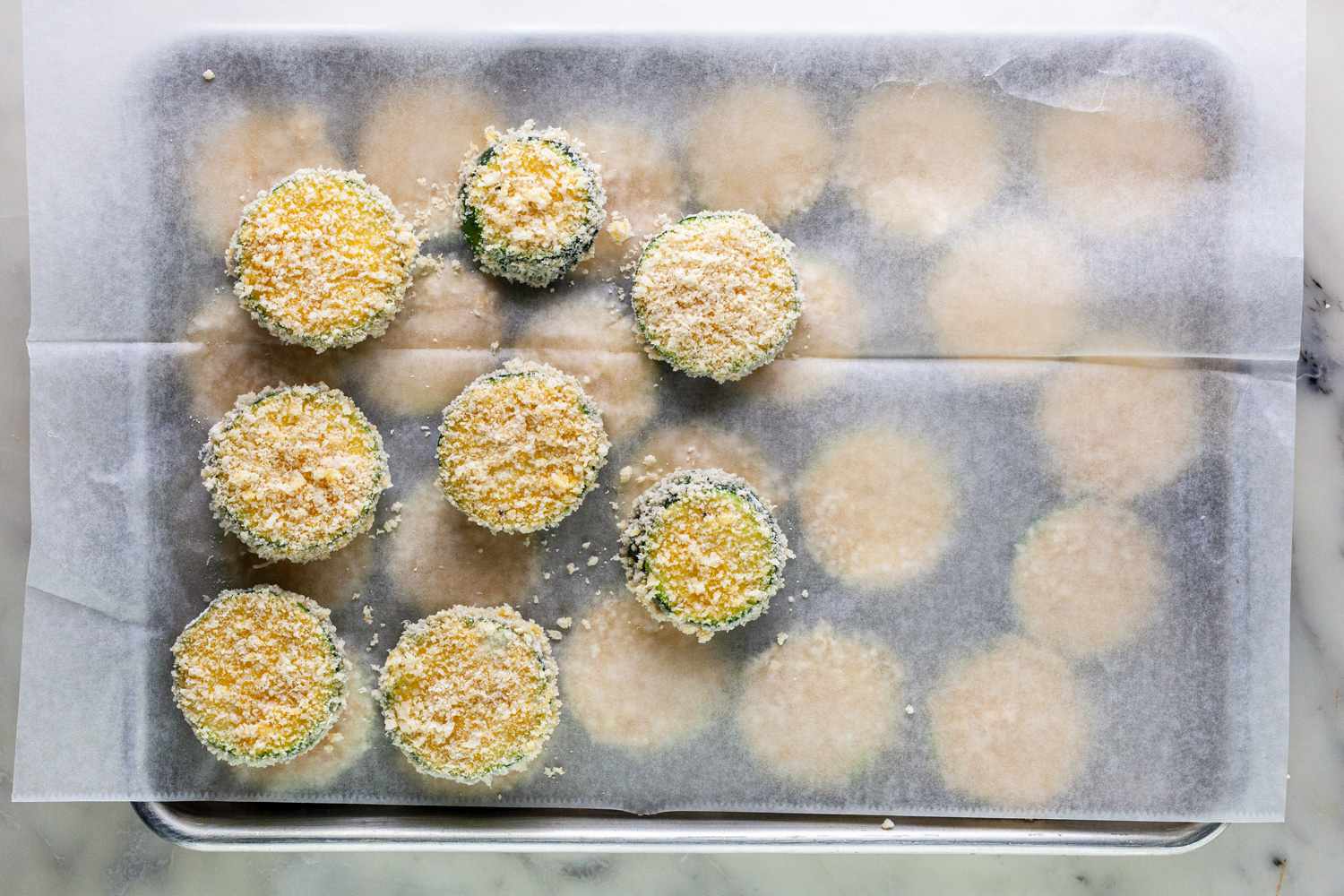 Tray of Breaded Zucchini for Fried Zucchini Recipe