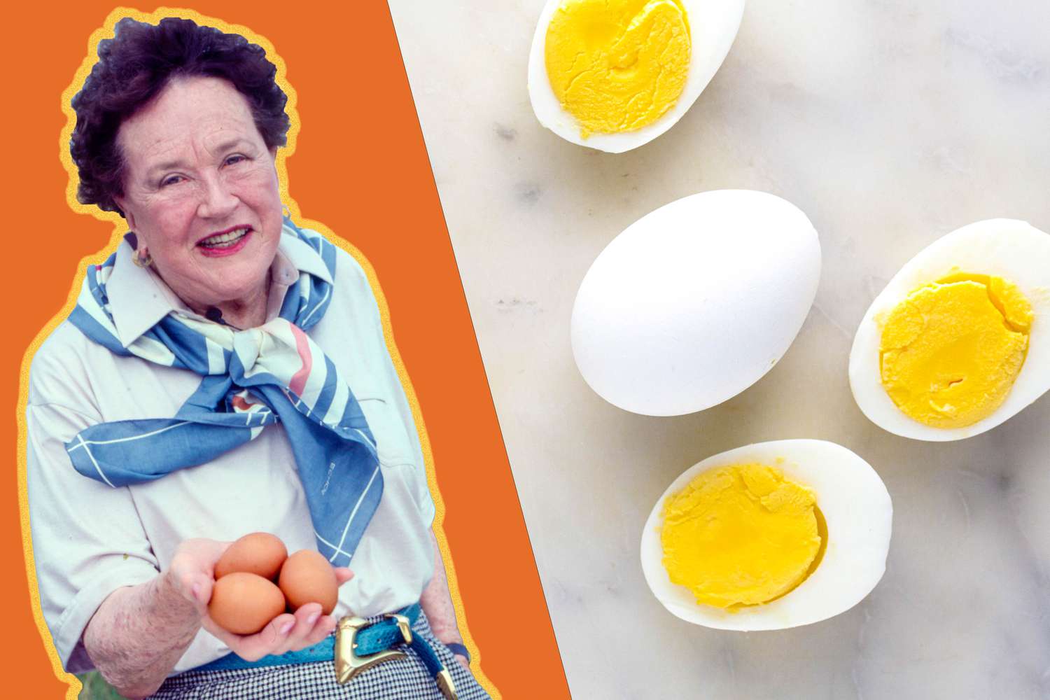 Cut out of Julia Child holding eggs in her hand on an orange background and halved boiled eggs on the counter 