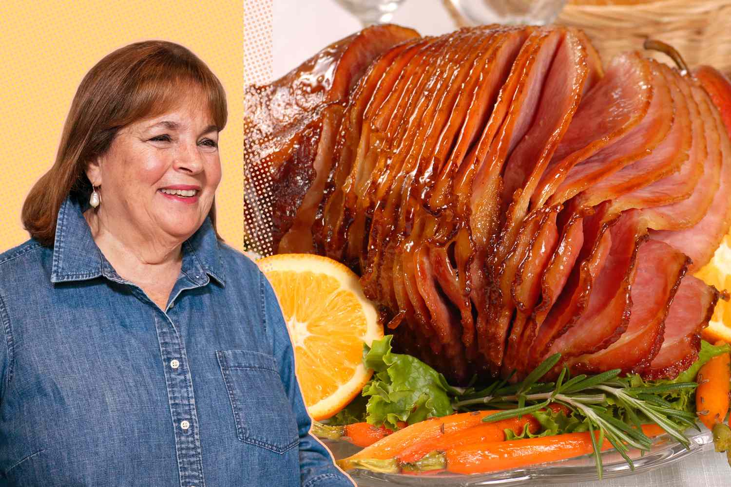 Ina Garten headshot on a yellow speckled background next to a glazed ham