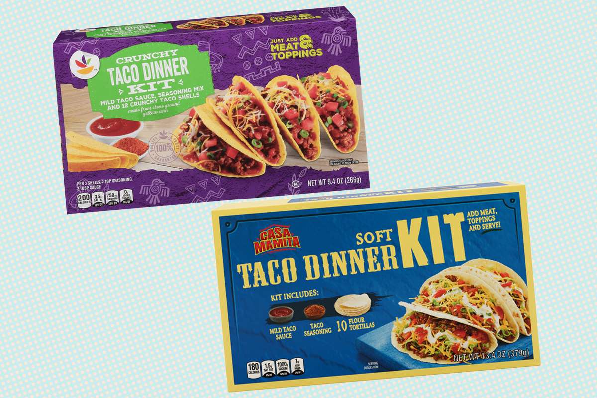 Two boxed taco dinner kits one crunchy and one soft displayed