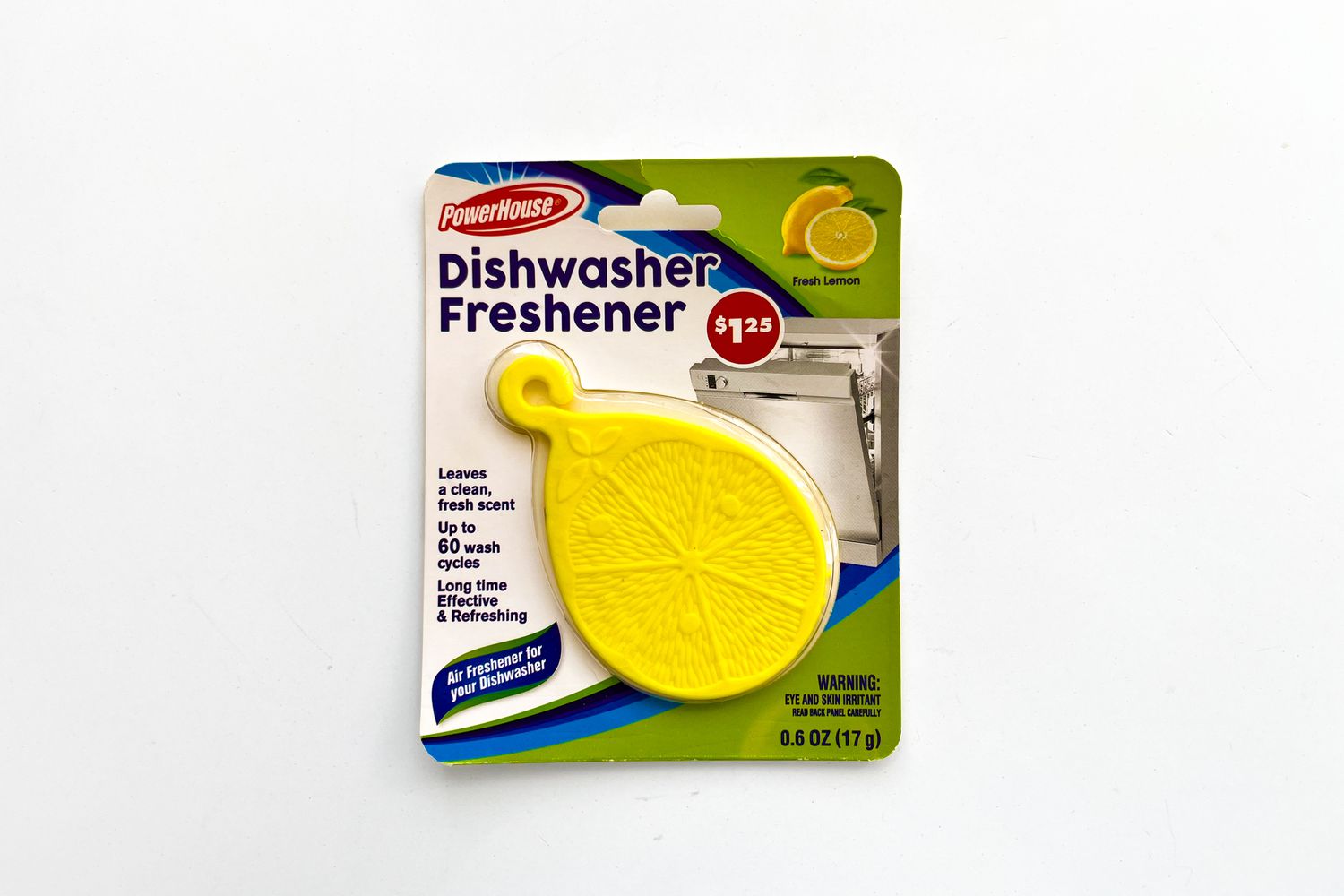 Package of PowerHouse Dishwasher Freshener from Dollar Tree on a gray background