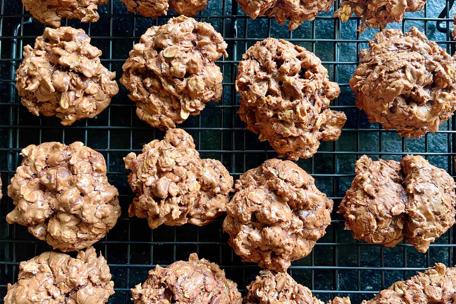 Chocolate peanut butter cookies cooling on a wire rack