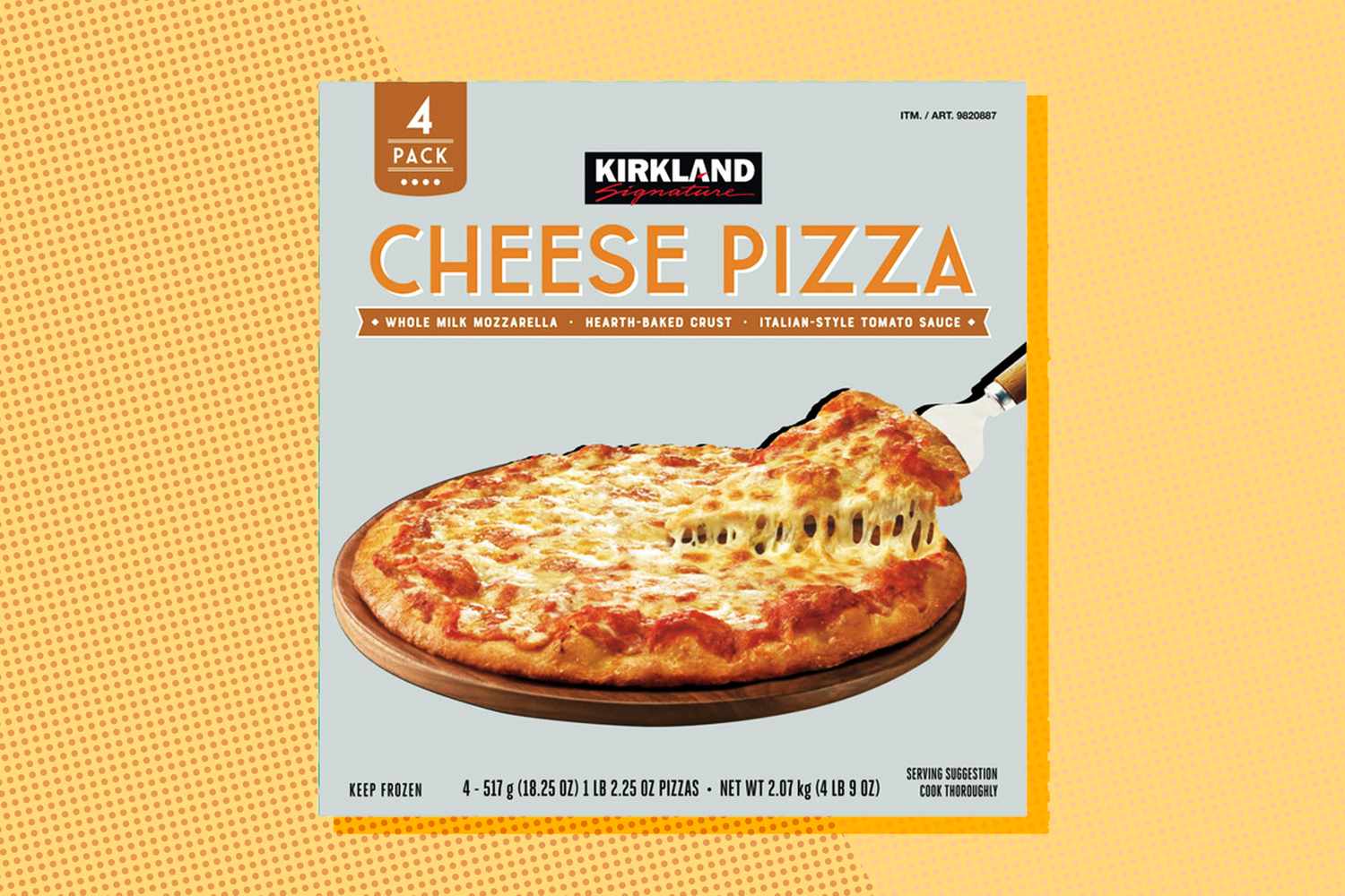 Kirkland Signature cheese pizza packaging showing a cooked pizza topped with melted cheese and a slice being lifted