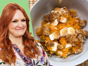Ree Drummond next to a bowl of her Sweet Potato Casserole