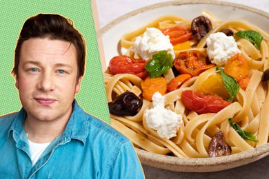 A split image of Jamie Oliver and a bowl of fettucine pasta with olives, tomatoes and dollops of ricotta and basil leaves as garnish