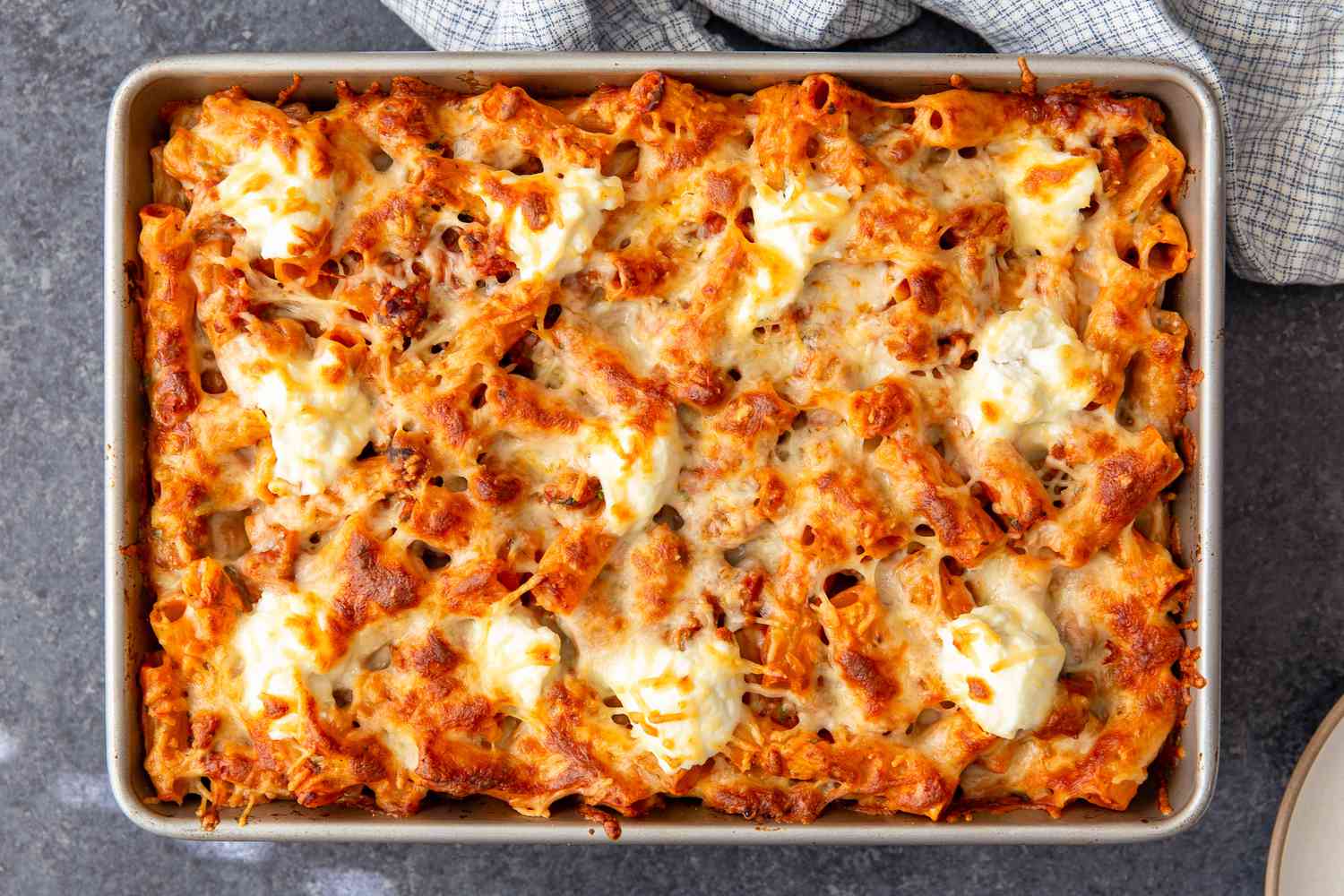 view from above of Italian Sausage Pasta Bake in a casserole dish