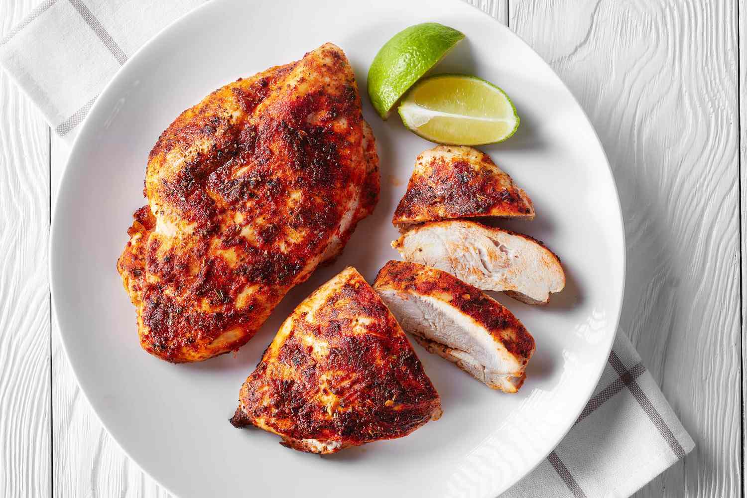 A whole and one sliced chicken breast on a white plate, with lime wedges for garnish