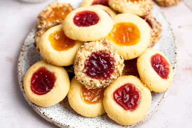 Classic thumbprint cookies on a platter.
