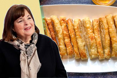 A split image of Ina Garten and a white serving plate of her appetizer batons