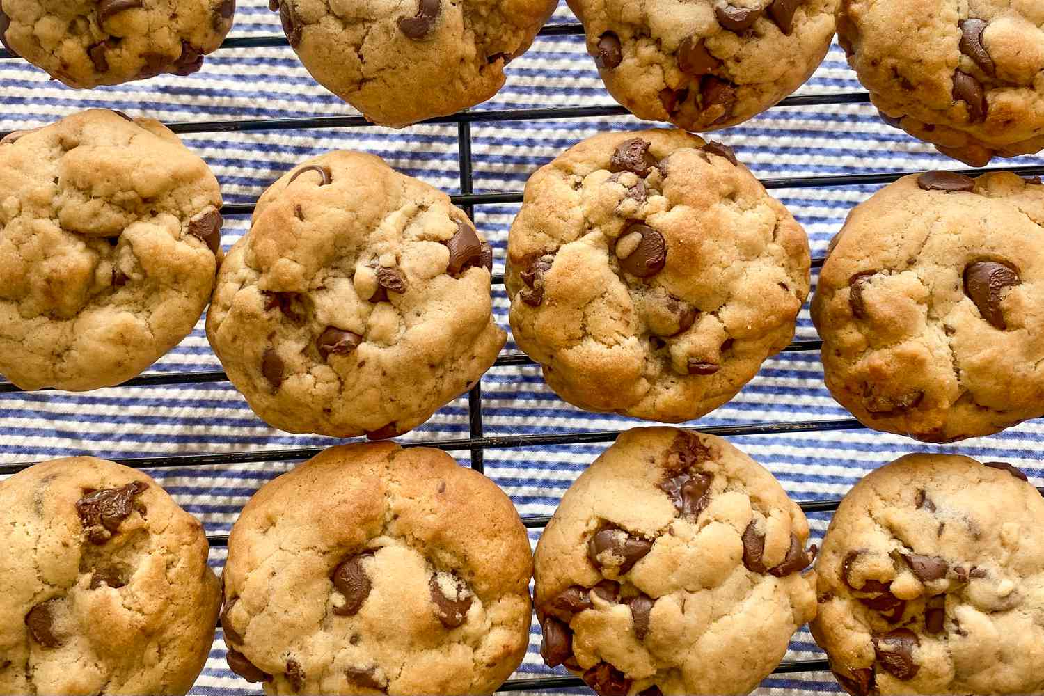 Overhead shot of chocolate chip cookies on a cooling rack