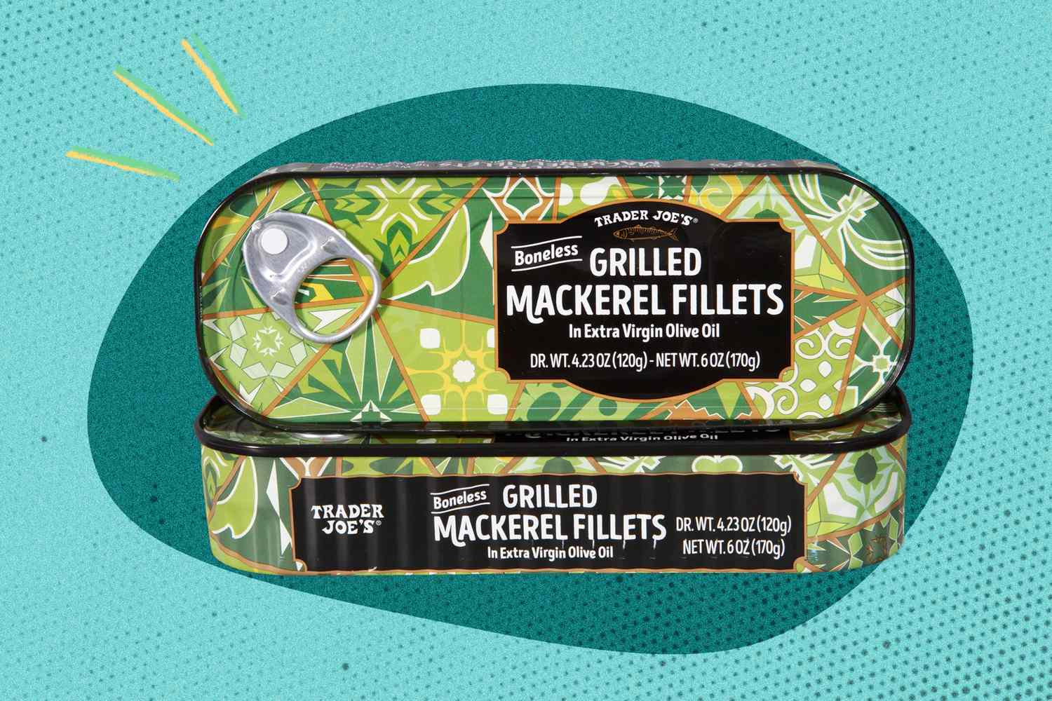 Two cans of Trader Joe's Boneless Grilled Mackerel Fillets in Extra Virgin Olive Oil on a light blue background