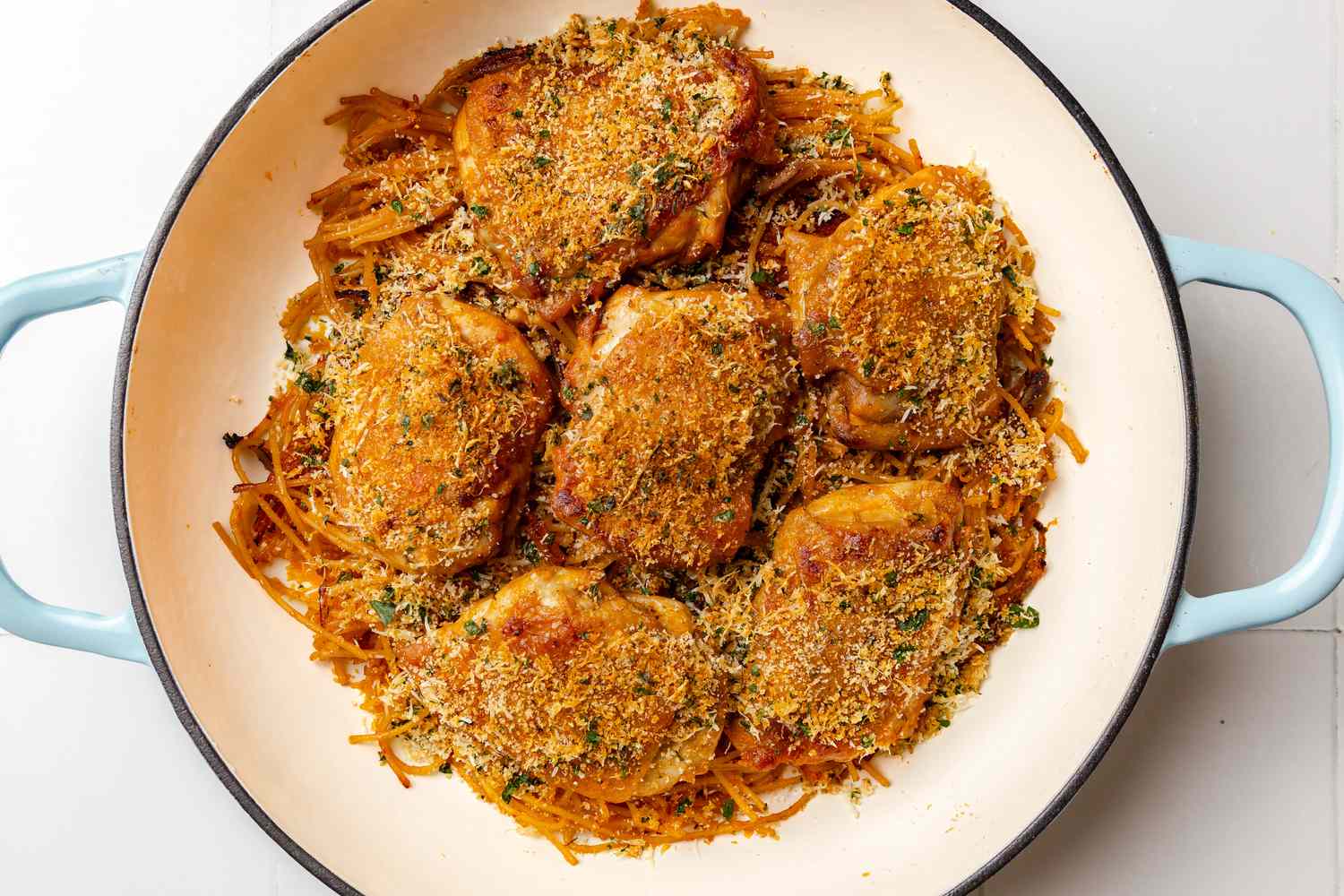 Ottolenghi One-Pan Spaghetti Topped With the Breadcrumb Mixture in a Dutch Oven