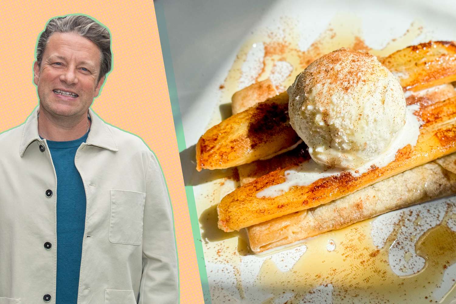 Jamie Oliver next to a tortilla dessert with caramelized bananas and ice cream