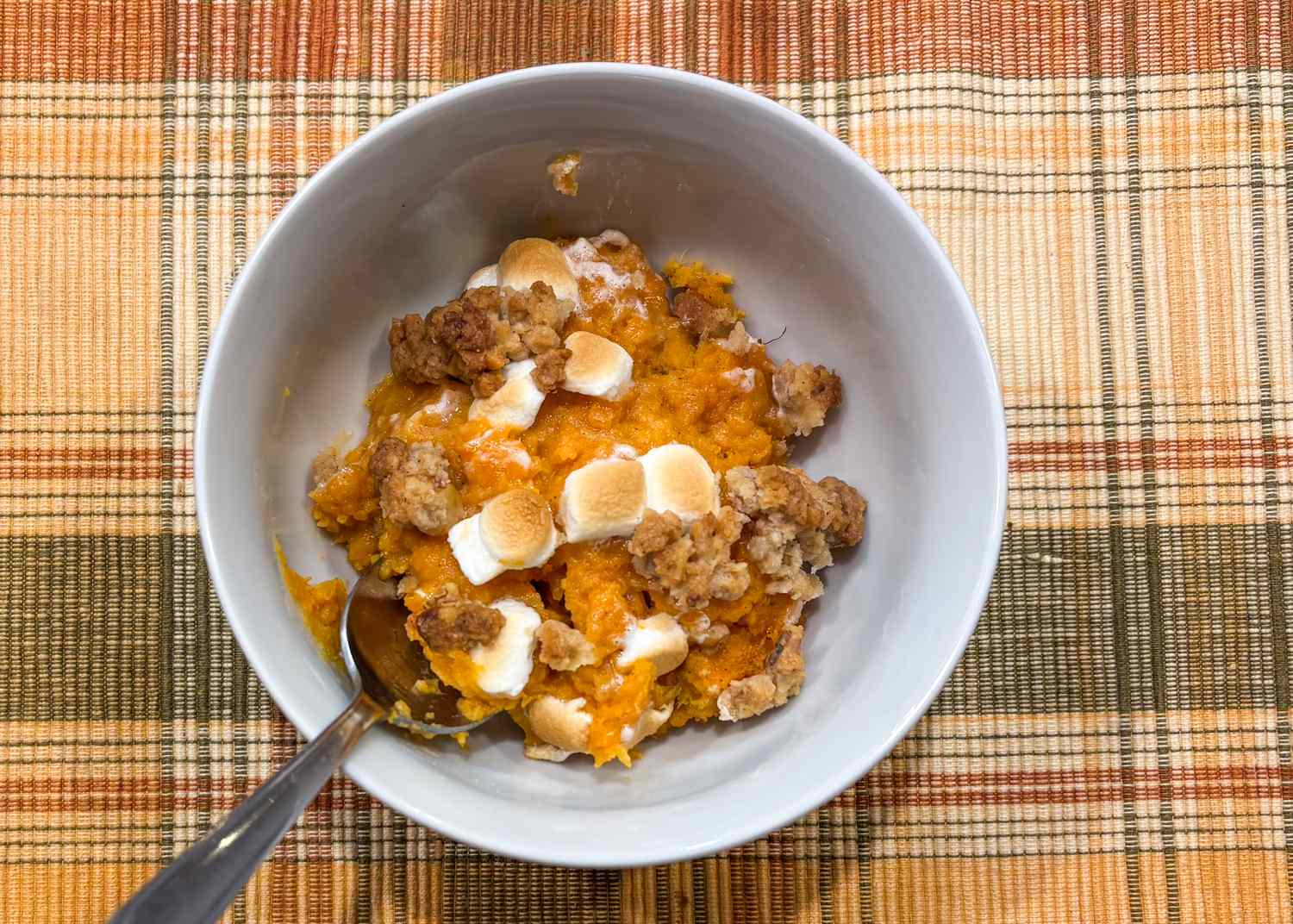 overhead view of a bowl of Ree Drummond's Sweet Potato Casserole