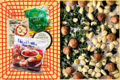 Gnocchi ingredients in an illustration of a shopping basket next to a photo of sheet pan gnocchi (the final product)