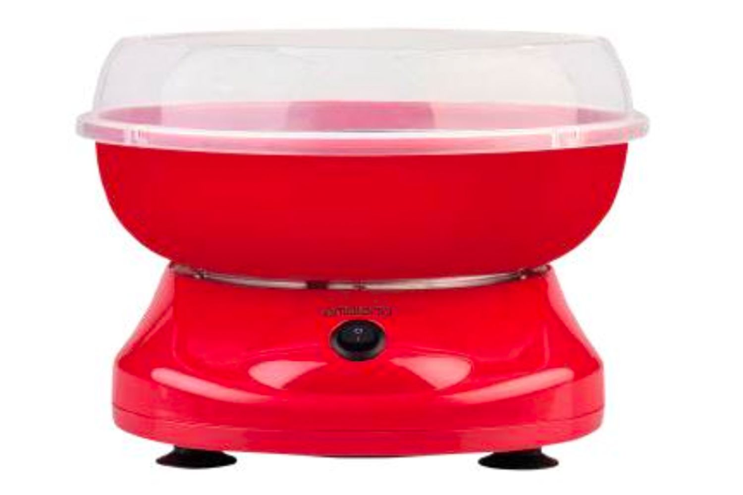 Compact cotton candy maker with a rounded transparent bowl and a red base featuring a central onoff knob