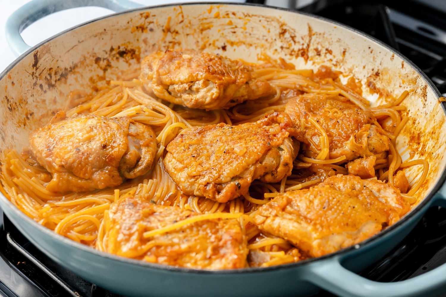 Pot of Chicken Over Cooked Pasta for Ottolenghi One-Pan Spaghetti Recipe
