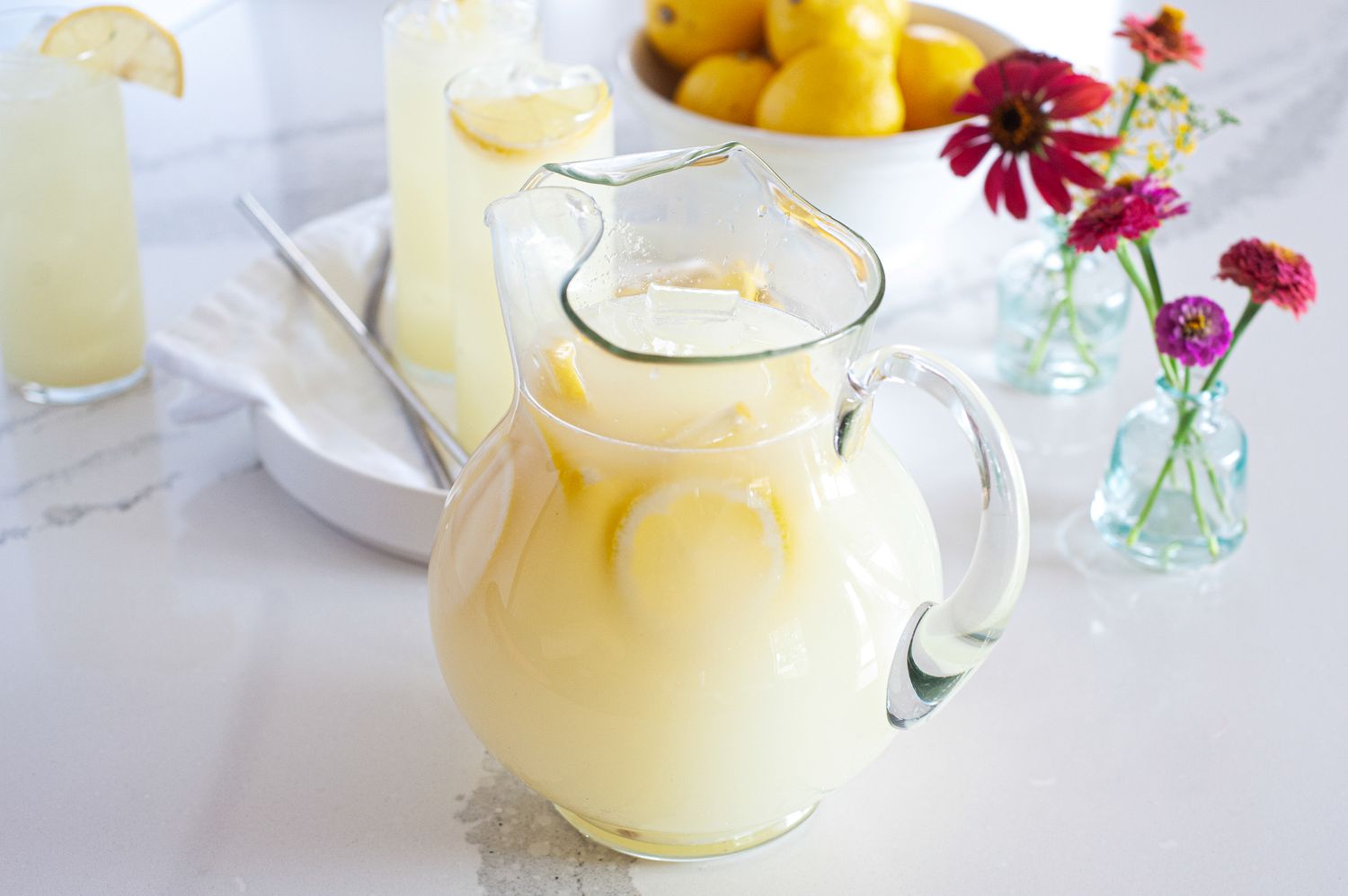 A pitcher of whole lemon lemonade.