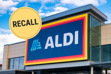 ALDI storefront with a recall sign overlaid