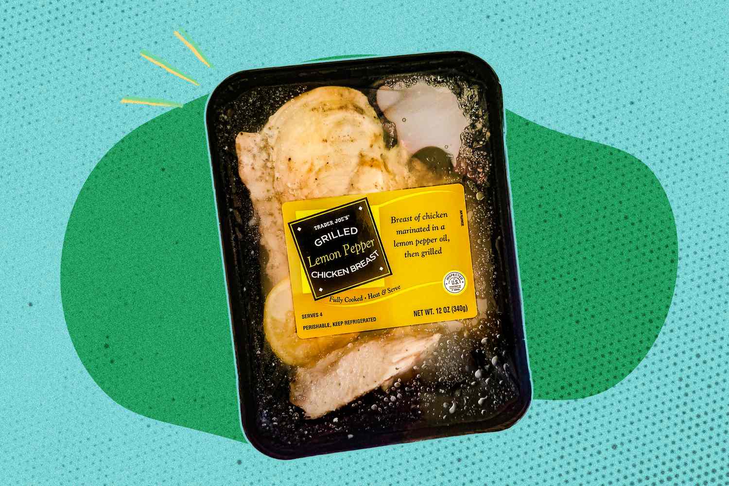 A package of Trader Joe's grilled lemon pepper chicken on an illustrated background