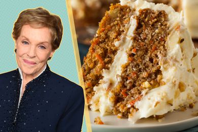Julie Andrews next to a slice of carrot cake.